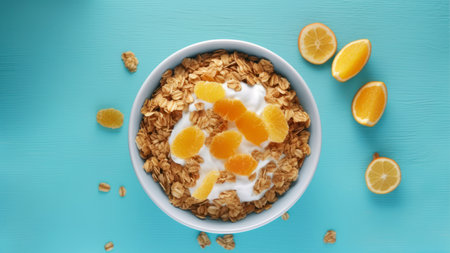Healthy breakfast with muesli, orange and yogurt on blue background, top viewの素材