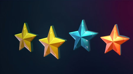 3d rendering of five stars in different colors on a dark backgroundの素材
