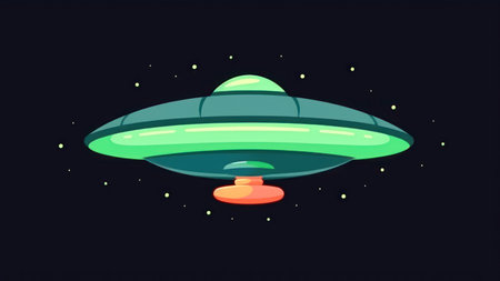UFO flying in space. Vector illustration in cartoon style. flying saucer.の素材