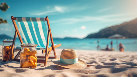Beach chair and hat on the sandy beach. vacation conceptの素材
