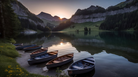 Sunset on the lake in the Dolomites, Italy.の素材