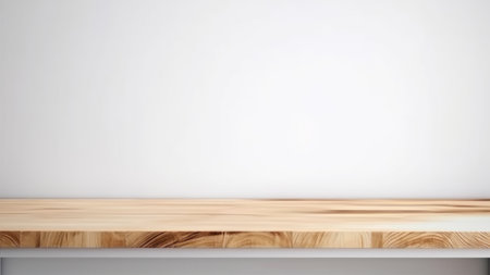 Wooden shelf in front of a white wall. 3d renderingの素材
