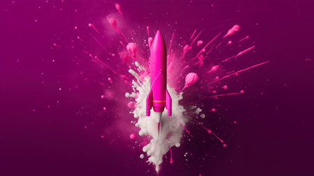 Rocket with pink paint splashes on purple background. 3D renderingの素材