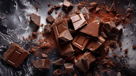 Pieces of dark chocolate and cocoa powder on black background, top viewの素材