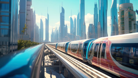 High speed train in Dubai city, United Arab Emirates. 3d renderingの素材