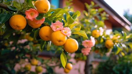 Ripe tangerines on a tree branch in the garden.の素材