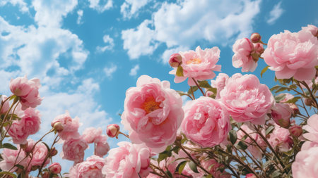 Pink peony flowers blooming in the garden on blue sky backgroundの素材