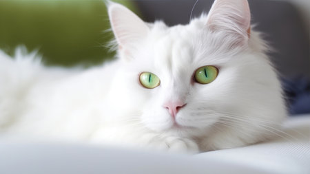 Close up of white cat with green eyes lying on sofa at homeの素材