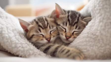 Cute little kittens sleeping on soft blanket at home, closeupの素材