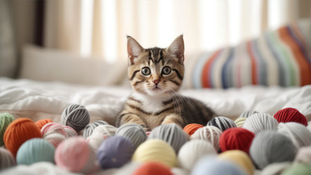 Cute bengal kitten playing with colorful yarn balls on bedの素材