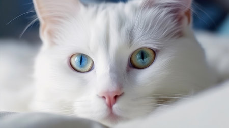 Close-up portrait of a white cat with bright blue eyes.の素材