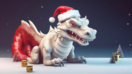 Cute cartoon dragon with santa claus hat. 3d renderingの素材