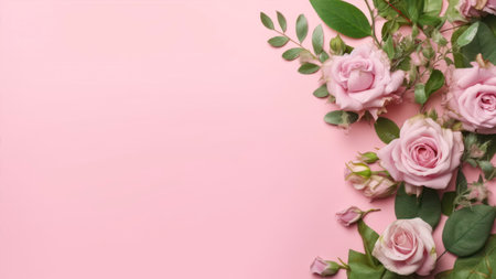 flowers composition. Frame made of pink roses on pastel pink background. Flat lay, top view, copy spaceの素材