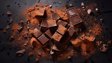 Broken chocolate bar and cocoa powder on black background, top viewの素材