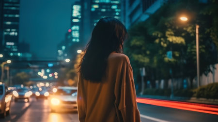 Young asian woman walking in the city at night with motion blurの素材