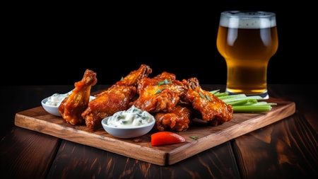 Fried chicken wings with sauce and celery on a wooden boardの素材