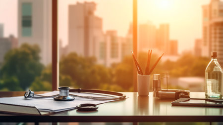 Stethoscope and pen on the desk with city view background.の素材