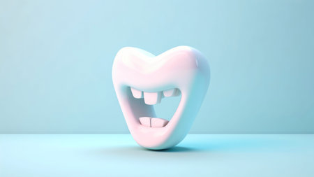 3d rendering of a pink smiling tooth on a blue background.の素材