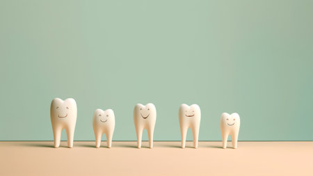 3d rendering of a group of white teeth with smiley facesの素材