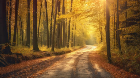 Autumnal road in the forest with yellow leaves and sun raysの素材