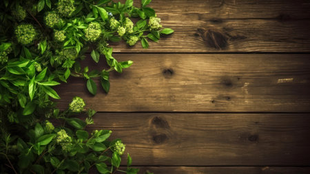 Green leaves on wooden background with copy space. Top view, flat layの素材