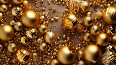 Christmas and New Year background with golden baubles. 3d renderingの素材
