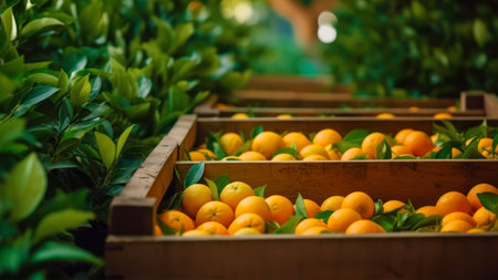 Fresh tangerines in a wooden box on a background of green leavesの素材