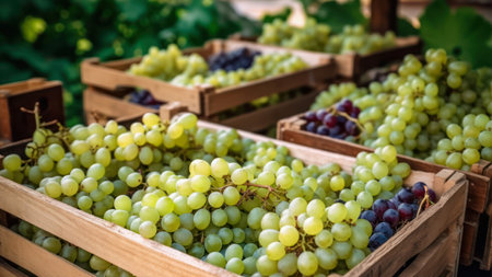 Grapes in wooden boxes on vineyard background, close upの素材