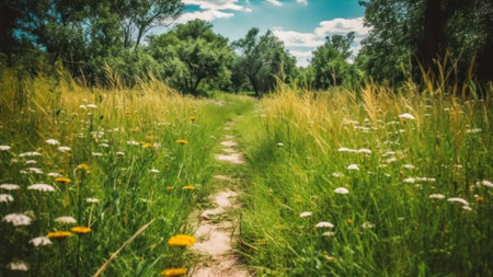 Beautiful summer landscape with a footpath through the meadow.の素材