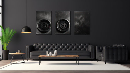 Modern living room interior with black leather sofa, coffee table and two posters on wall. 3D Renderingの素材