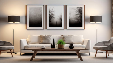 Modern living room interior design with white sofa, coffee table and posters. 3d renderingの素材