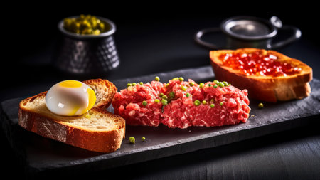 Tasty beef tartare with egg and green peas on black backgroundの素材