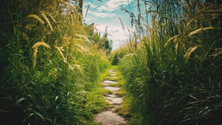 Pathway through the meadow with tall grass and blue sky.の素材