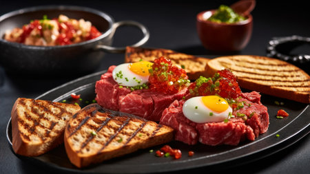Steak tartare with red caviar, fried egg and toastsの素材