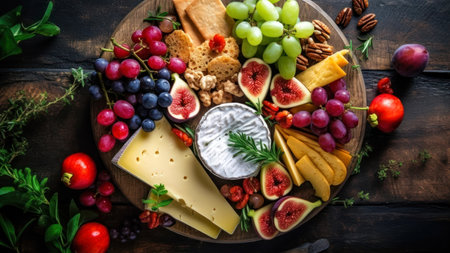 Cheese platter with assorted cheeses, grapes, figs and nutsの素材