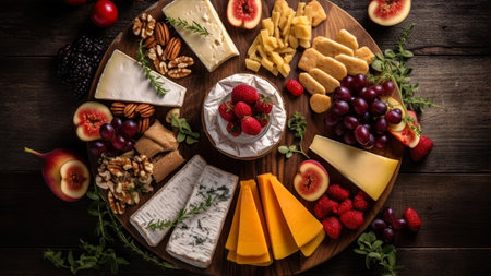 Cheese platter with grapes, figs, nuts and crackers on wooden backgroundの素材