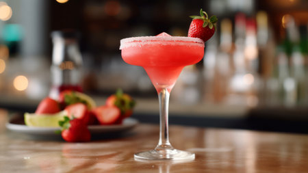 Strawberry margarita cocktail on bar counter, closeupの素材