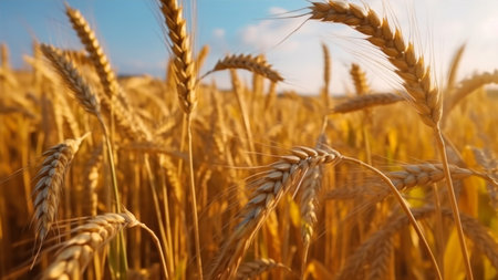 wheatfield. Ears of golden wheat close up. Rich Harvest Concept.の素材