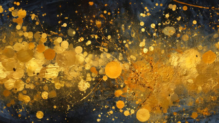 abstract background with yellow and black spots of oil paint on a dark blue backgroundの素材