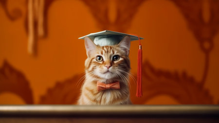 Cute ginger cat wearing graduation cap and bow tie on orange backgroundの素材