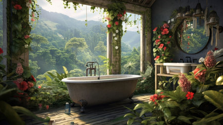 Bathtub in the garden with a view of the mountains.の素材