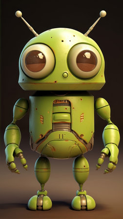 Cute green robot on dark background. 3D rendering. digital illustration.の素材