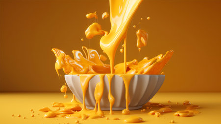 3d rendering of yellow sweet caramel pouring out of a bowl.の素材