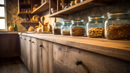 Jars of nuts on a wooden shelf in a rustic kitchenの素材