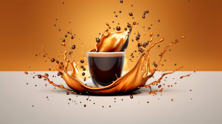Coffee splash in black cup with orange background. 3d renderingの素材