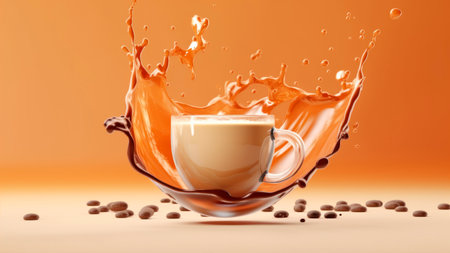 Cup of coffee with splashes on orange background. 3d renderingの素材