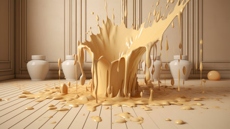3d rendering of a golden milk splash on a white wooden floorの素材