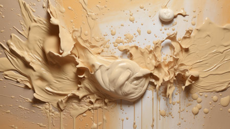 close-up of oil paint splashing on a yellow background.の素材