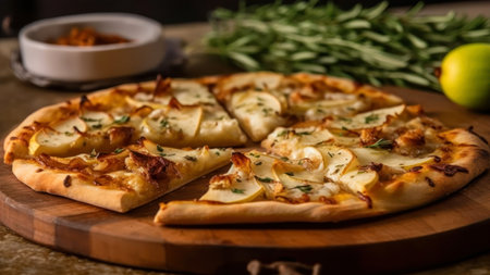 Pizza with apple and rosemary on a wooden background. Restaurantの素材