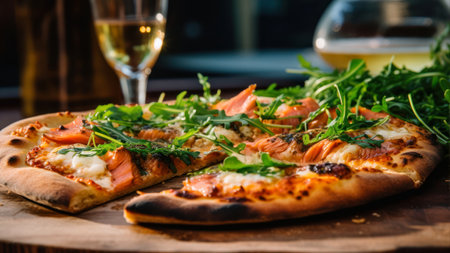 Pizza with salmon, arugula and mozzarella on wooden boardの素材